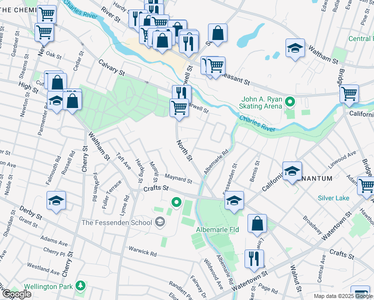 map of restaurants, bars, coffee shops, grocery stores, and more near 105 North Street in Newton