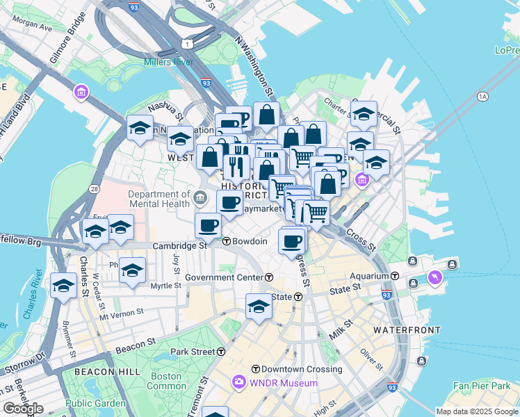 map of restaurants, bars, coffee shops, grocery stores, and more near 1 Congress Street in Boston