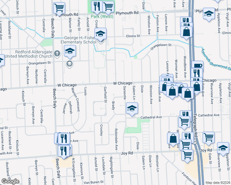 map of restaurants, bars, coffee shops, grocery stores, and more near 9277 Brady Court in Redford Charter Township