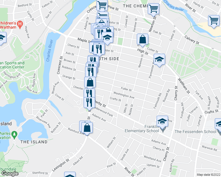 map of restaurants, bars, coffee shops, grocery stores, and more near 219 Lowell Street in Waltham