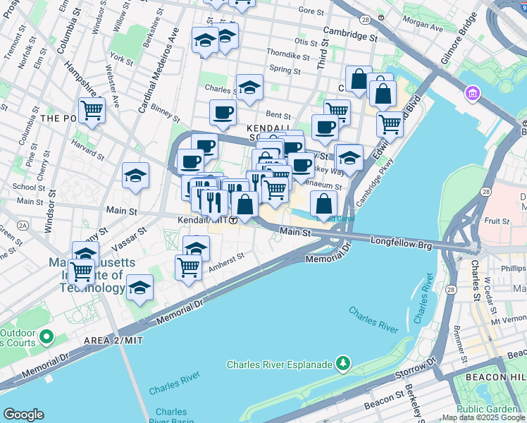 map of restaurants, bars, coffee shops, grocery stores, and more near 1 Broadway in Cambridge