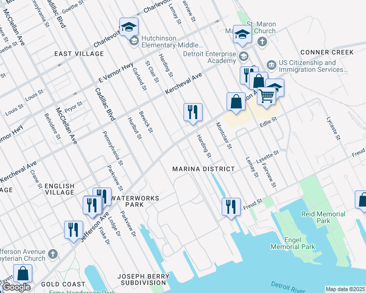 map of restaurants, bars, coffee shops, grocery stores, and more near 10410 East Jefferson in Detroit