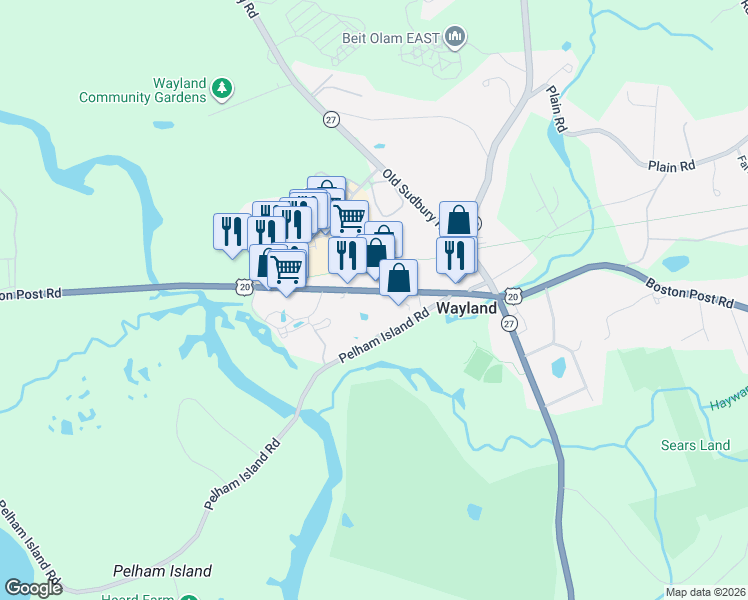 map of restaurants, bars, coffee shops, grocery stores, and more near 311 Boston Post Road in Wayland