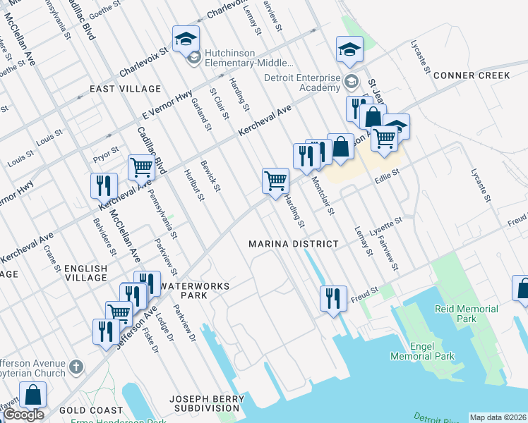 map of restaurants, bars, coffee shops, grocery stores, and more near 10410 East Jefferson Avenue in Detroit