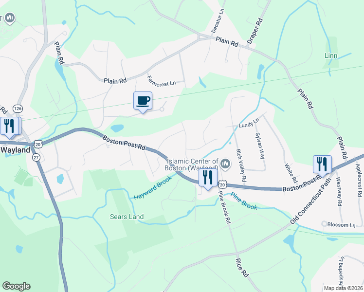 map of restaurants, bars, coffee shops, grocery stores, and more near 9 Springhill Road in Wayland