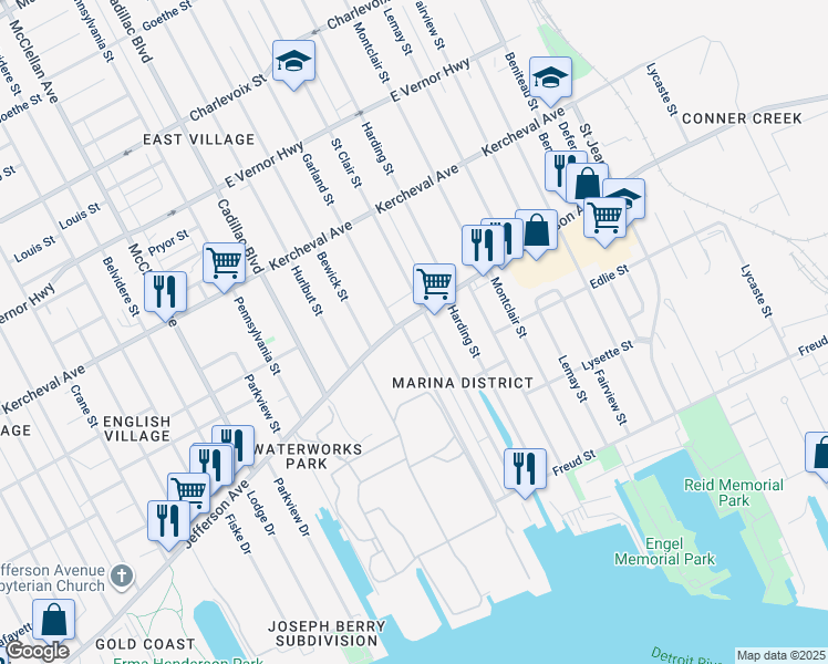 map of restaurants, bars, coffee shops, grocery stores, and more near 10410 East Jefferson in Detroit