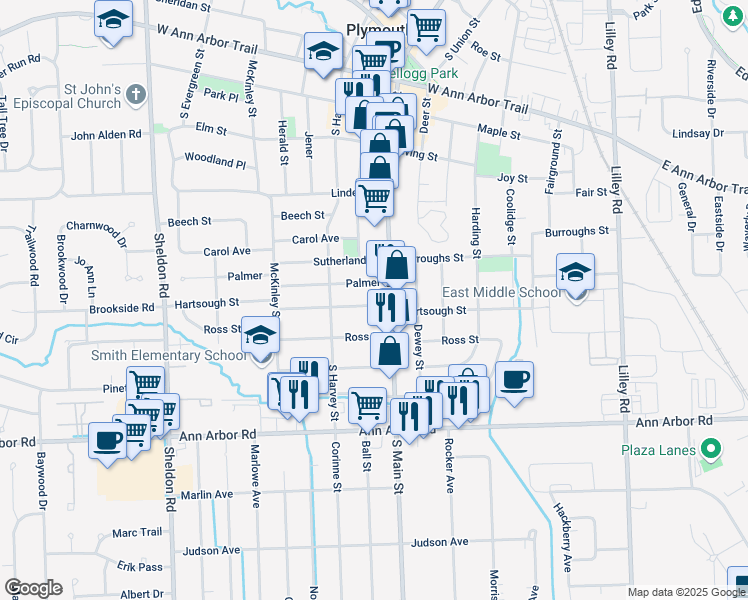 map of restaurants, bars, coffee shops, grocery stores, and more near 842 Hartsough Street in Plymouth