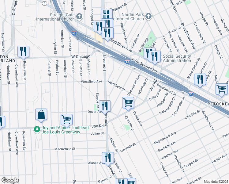 map of restaurants, bars, coffee shops, grocery stores, and more near 5545 Ridgewood Street in Detroit