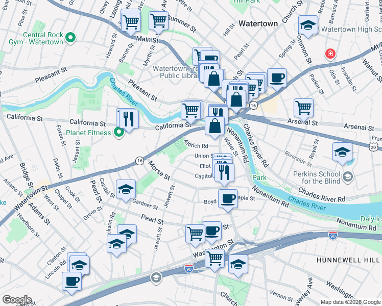 map of restaurants, bars, coffee shops, grocery stores, and more near 51 Union Street in Watertown