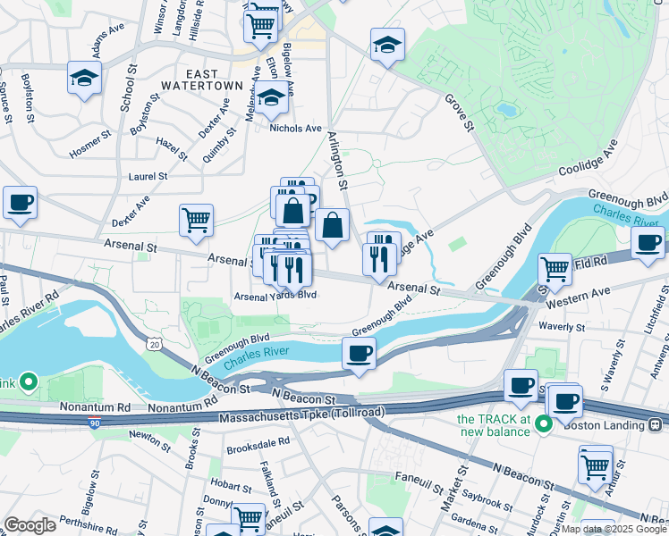 map of restaurants, bars, coffee shops, grocery stores, and more near 570 Arsenal Street in Watertown