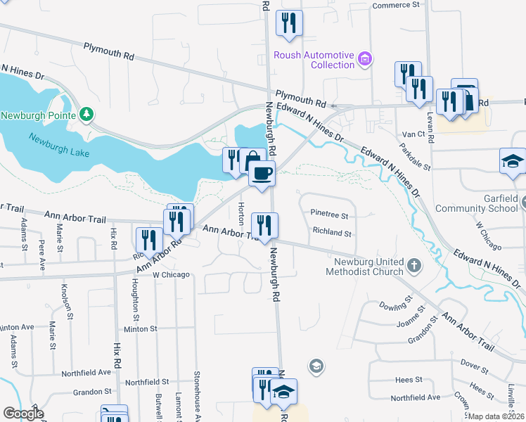 map of restaurants, bars, coffee shops, grocery stores, and more near 9811 Newburgh Road in Livonia