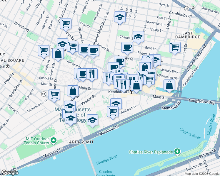 map of restaurants, bars, coffee shops, grocery stores, and more near 415 Main Street in Cambridge