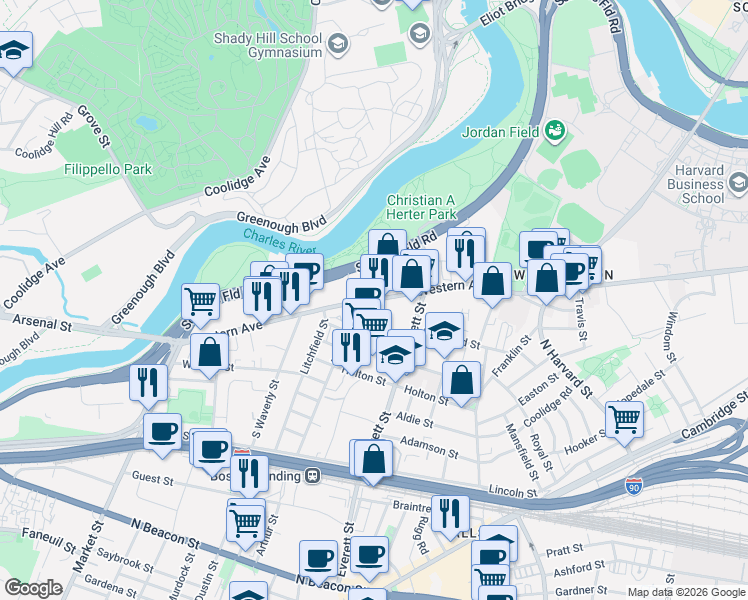 map of restaurants, bars, coffee shops, grocery stores, and more near 355 Western Avenue in Boston