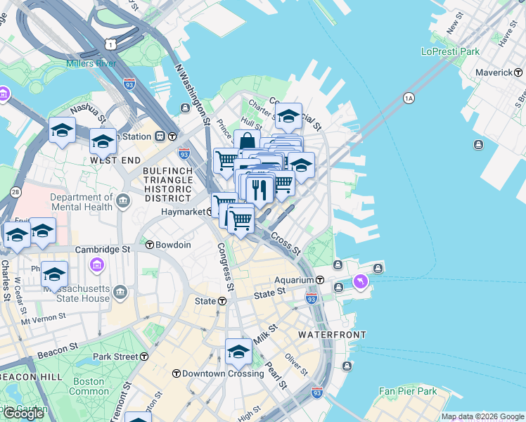 map of restaurants, bars, coffee shops, grocery stores, and more near in Boston