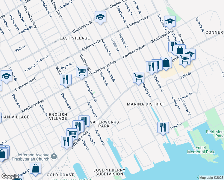 map of restaurants, bars, coffee shops, grocery stores, and more near 1488 Hurlbut Street in Detroit