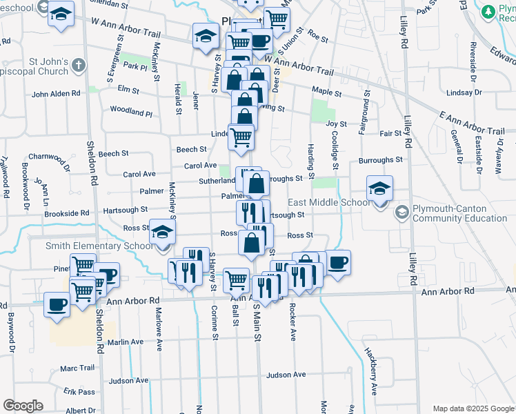 map of restaurants, bars, coffee shops, grocery stores, and more near 1032 Dewey Street in Plymouth