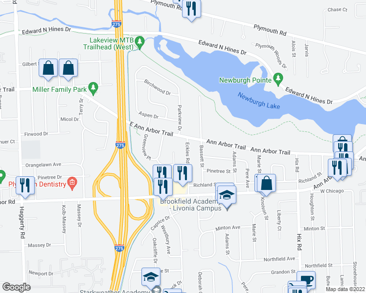 map of restaurants, bars, coffee shops, grocery stores, and more near 10127 Eckles Road in Plymouth