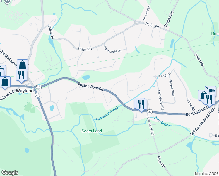 map of restaurants, bars, coffee shops, grocery stores, and more near 2 Springhill Road in Wayland