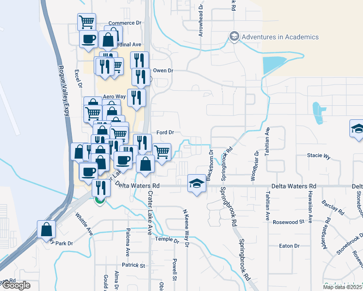 map of restaurants, bars, coffee shops, grocery stores, and more near 3165 Juniper Ridge Drive in Medford
