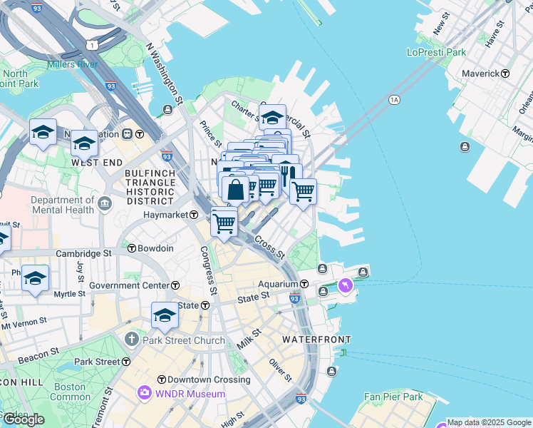 map of restaurants, bars, coffee shops, grocery stores, and more near 35 Quincy Court in Boston