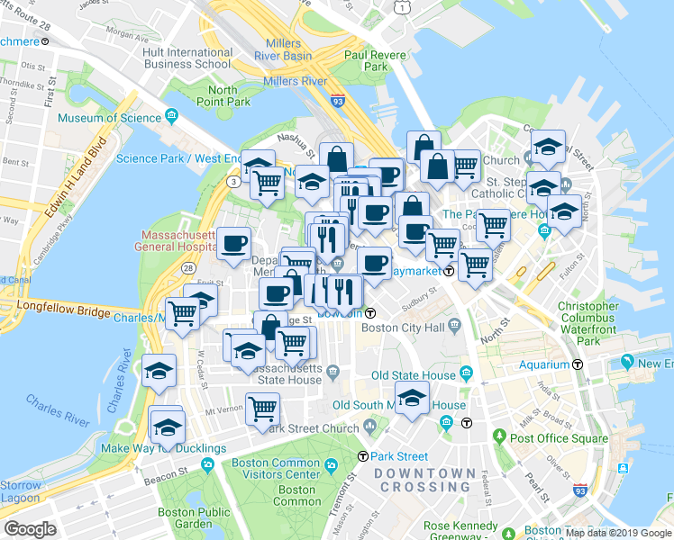 map of restaurants, bars, coffee shops, grocery stores, and more near 66 Staniford Street in Boston