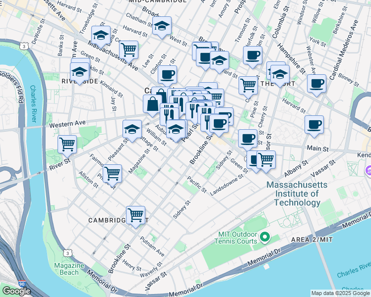 map of restaurants, bars, coffee shops, grocery stores, and more near 71 Pearl Street in Cambridge
