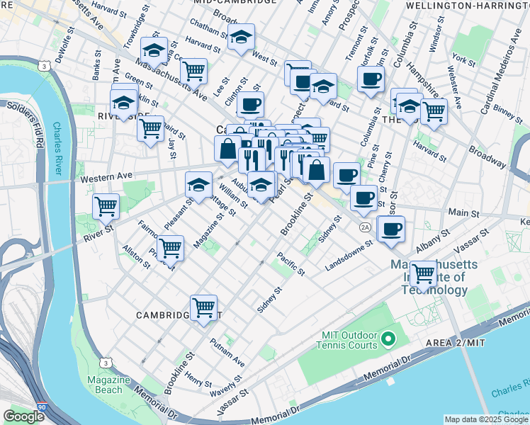 map of restaurants, bars, coffee shops, grocery stores, and more near 71 Pearl Street in Cambridge