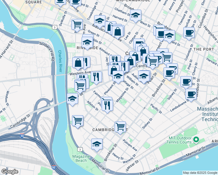 map of restaurants, bars, coffee shops, grocery stores, and more near 17 Laurel Street in Cambridge