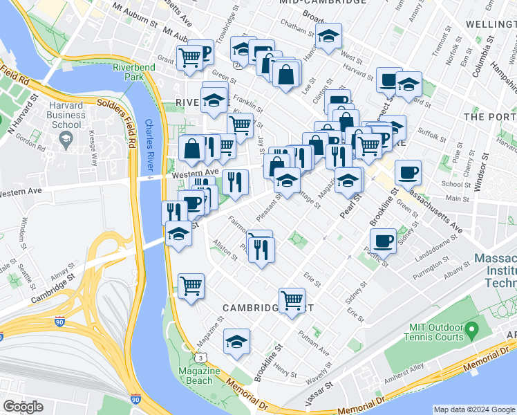 map of restaurants, bars, coffee shops, grocery stores, and more near 17 Laurel Street in Cambridge