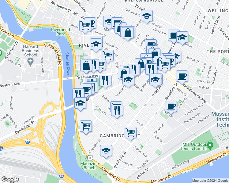 map of restaurants, bars, coffee shops, grocery stores, and more near 17 Laurel Street in Cambridge