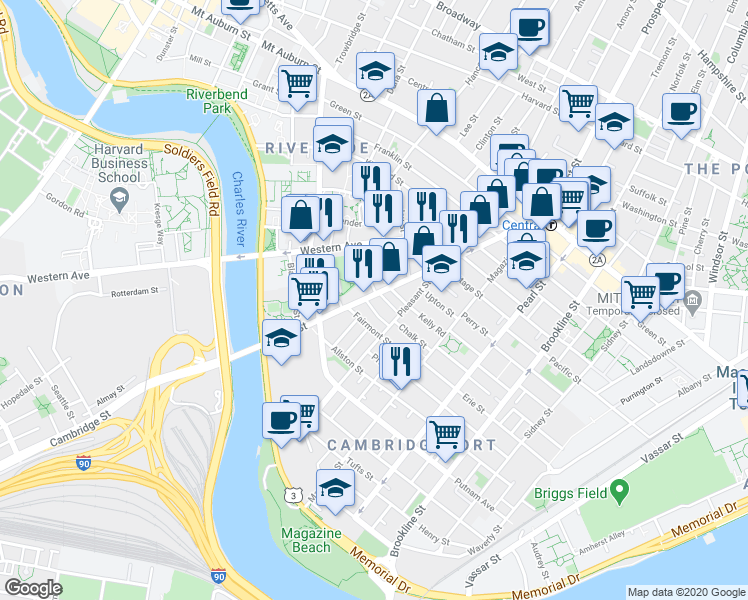 map of restaurants, bars, coffee shops, grocery stores, and more near 17 Laurel Street in Cambridge
