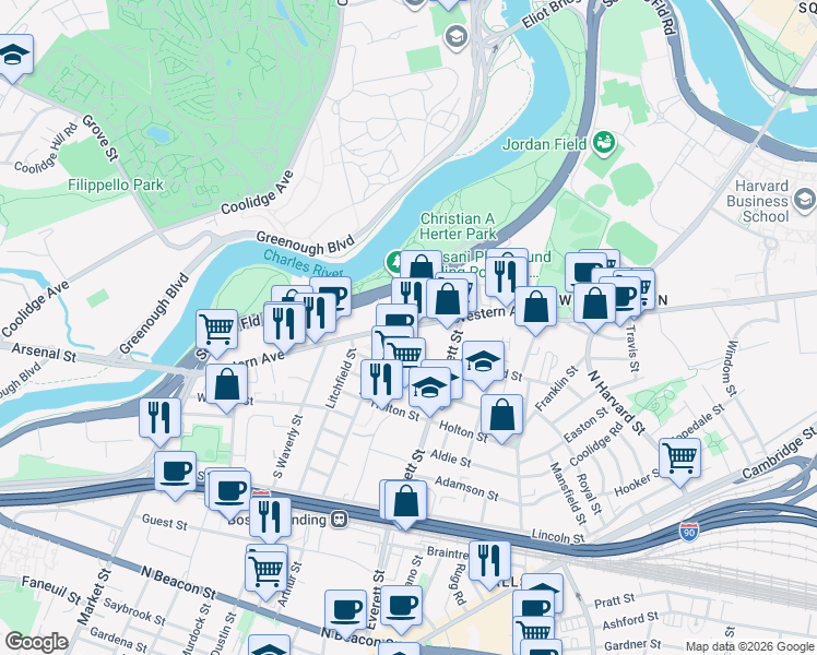 map of restaurants, bars, coffee shops, grocery stores, and more near 355 Western Avenue in Boston