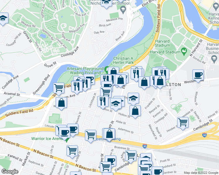 map of restaurants, bars, coffee shops, grocery stores, and more near 355 Western Avenue in Boston