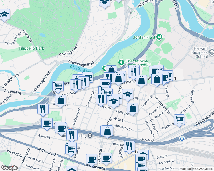 map of restaurants, bars, coffee shops, grocery stores, and more near 355 Western Avenue in Boston