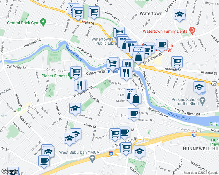 map of restaurants, bars, coffee shops, grocery stores, and more near 49 Union Street in Watertown