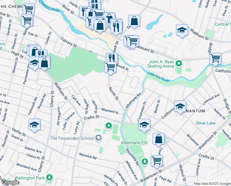 map of restaurants, bars, coffee shops, grocery stores, and more near 110 North Street in Newton