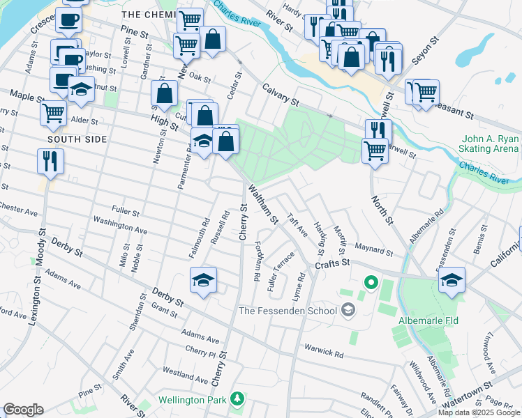 map of restaurants, bars, coffee shops, grocery stores, and more near in Newton