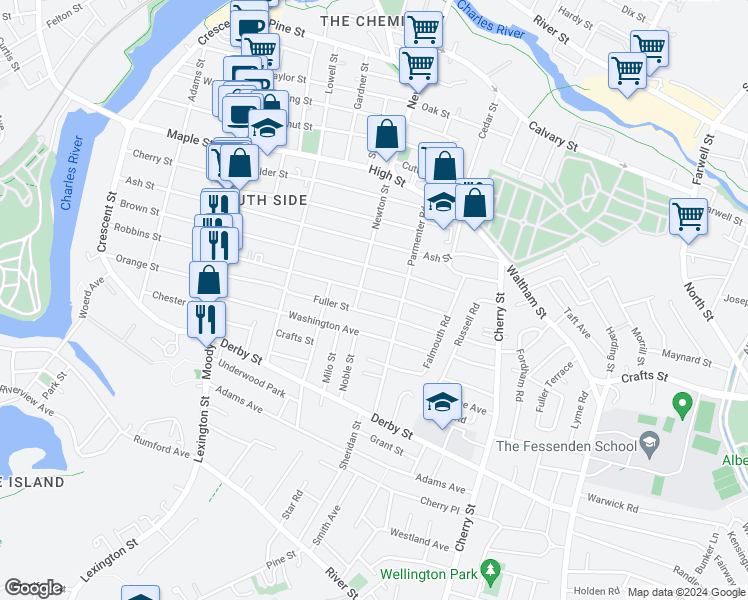 map of restaurants, bars, coffee shops, grocery stores, and more near 249 Robbins Street in Waltham