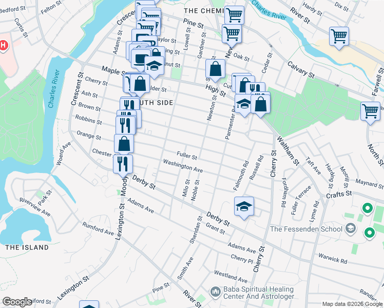 map of restaurants, bars, coffee shops, grocery stores, and more near 48 Fuller Street in Waltham