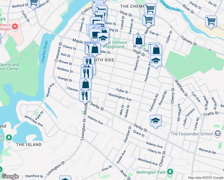 map of restaurants, bars, coffee shops, grocery stores, and more near 20 Fuller Street in Waltham