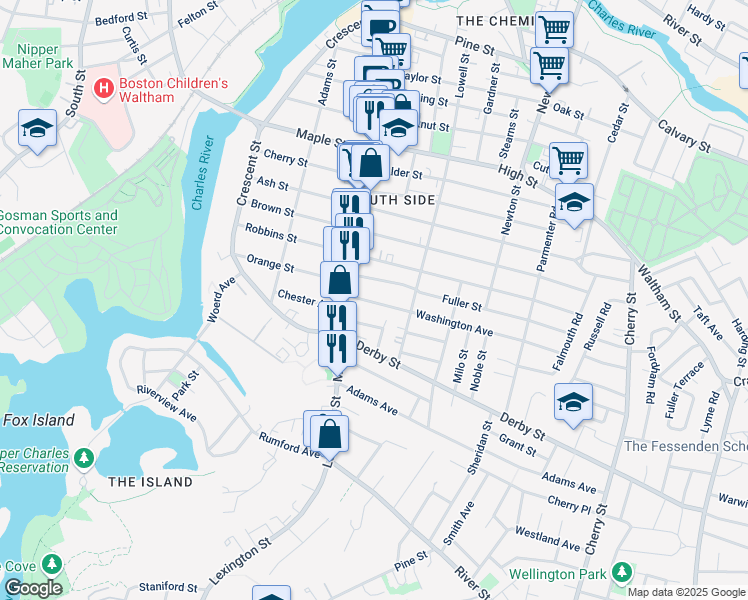 map of restaurants, bars, coffee shops, grocery stores, and more near 16 Washington Avenue in Waltham
