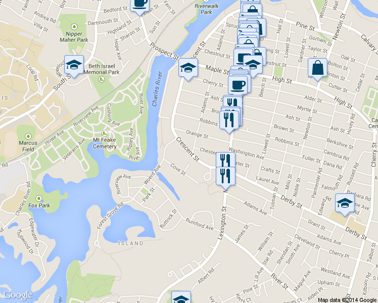 map of restaurants, bars, coffee shops, grocery stores, and more near 334 Crescent Street in Waltham