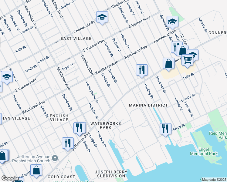 map of restaurants, bars, coffee shops, grocery stores, and more near 1488 Hurlbut Street in Detroit