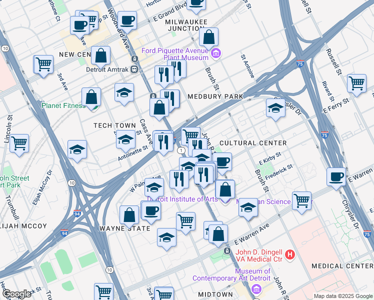 map of restaurants, bars, coffee shops, grocery stores, and more near 5764 Woodward Avenue in Detroit