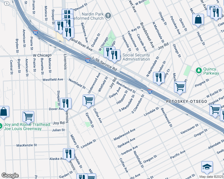 map of restaurants, bars, coffee shops, grocery stores, and more near 5042 Dailey Avenue in Detroit