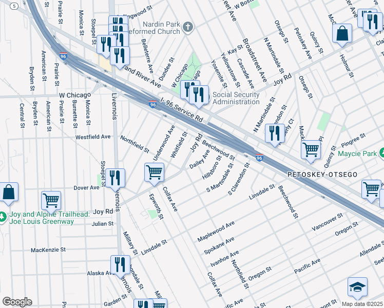 map of restaurants, bars, coffee shops, grocery stores, and more near 5042 Dailey Avenue in Detroit