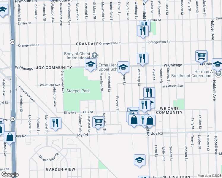 map of restaurants, bars, coffee shops, grocery stores, and more near 9224 Rutherford Street in Detroit