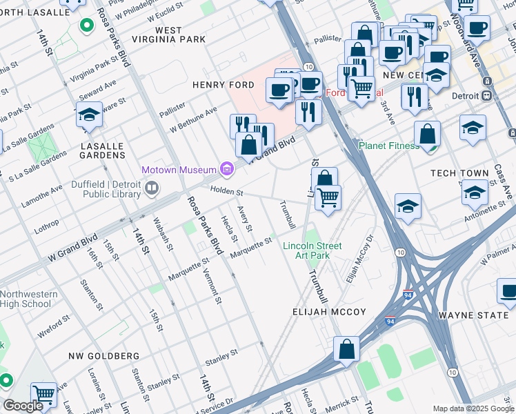 map of restaurants, bars, coffee shops, grocery stores, and more near 6215 Commonwealth Street in Detroit