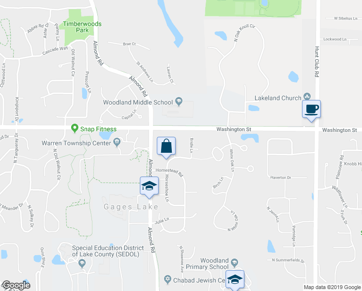 map of restaurants, bars, coffee shops, grocery stores, and more near 34402 North Bridle Lane in Gurnee