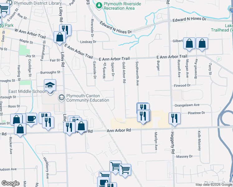 map of restaurants, bars, coffee shops, grocery stores, and more near 11179 Gold Arbor Road in Plymouth